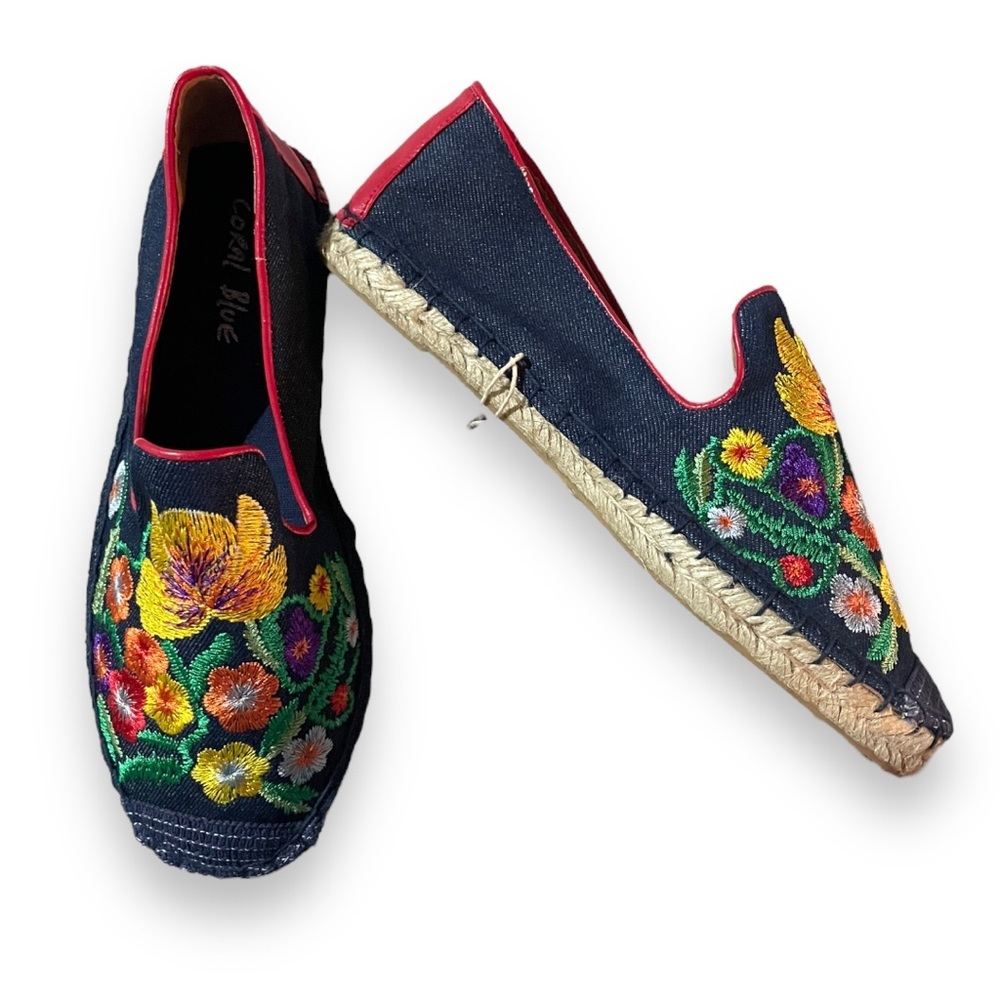 Coral Blue Espadrille Flats Denim Applique Size 40
